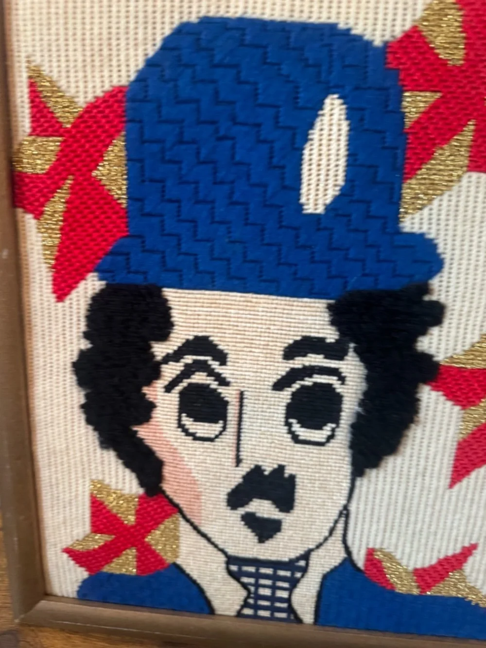 Vintage Charlie Chaplin Needlepoint Framed Art Textured Yarn Gold Red Blue‎